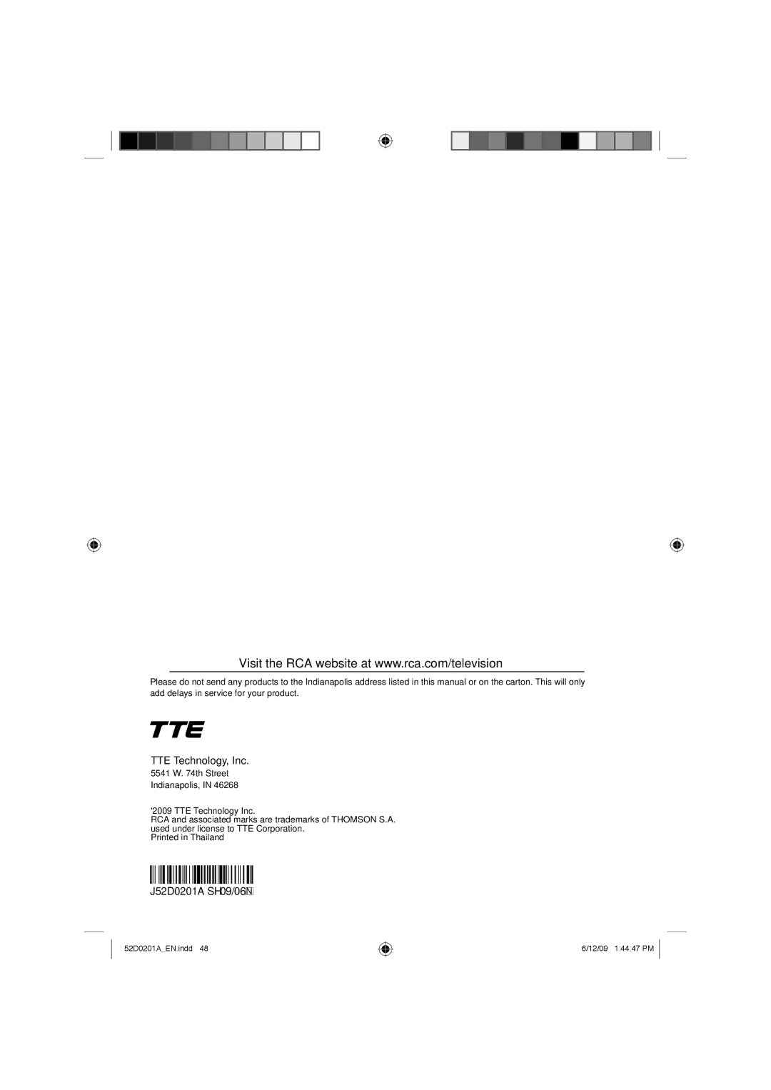 RCA l22HD34DB, L22HD34DP owner manual TTE Technology, Inc, Th Street Indianapolis 