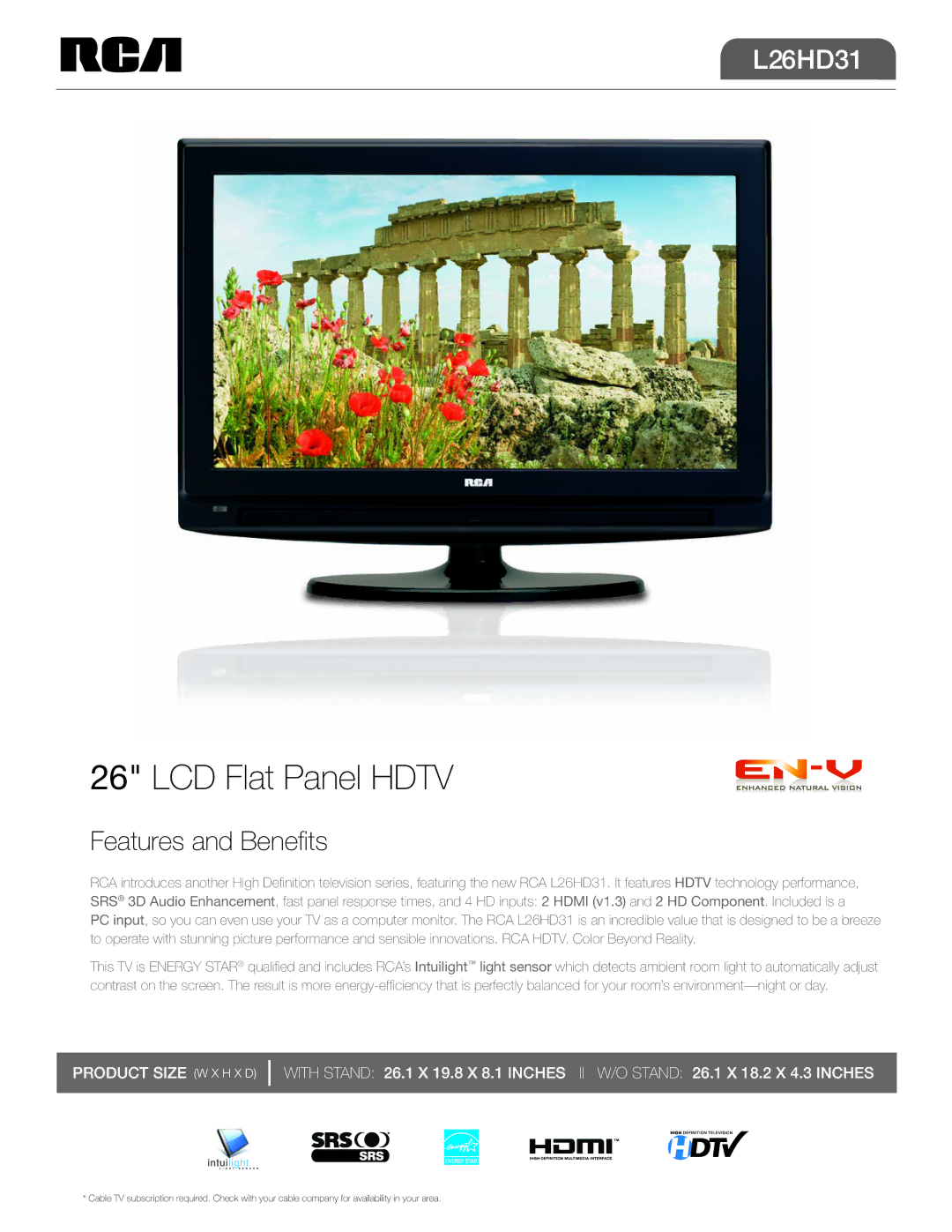 RCA L26HD31 manual LCD Flat Panel Hdtv 