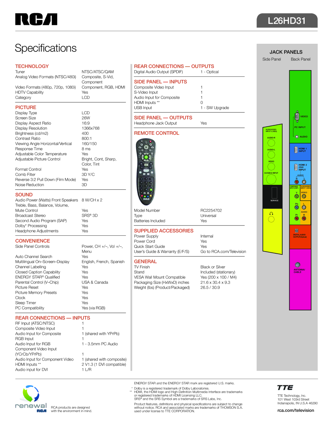 RCA L26HD31 Technology Rear Connections Outputs, Picture, Sound, Convenience, Rear Connections Inputs, Side Panel Inputs 