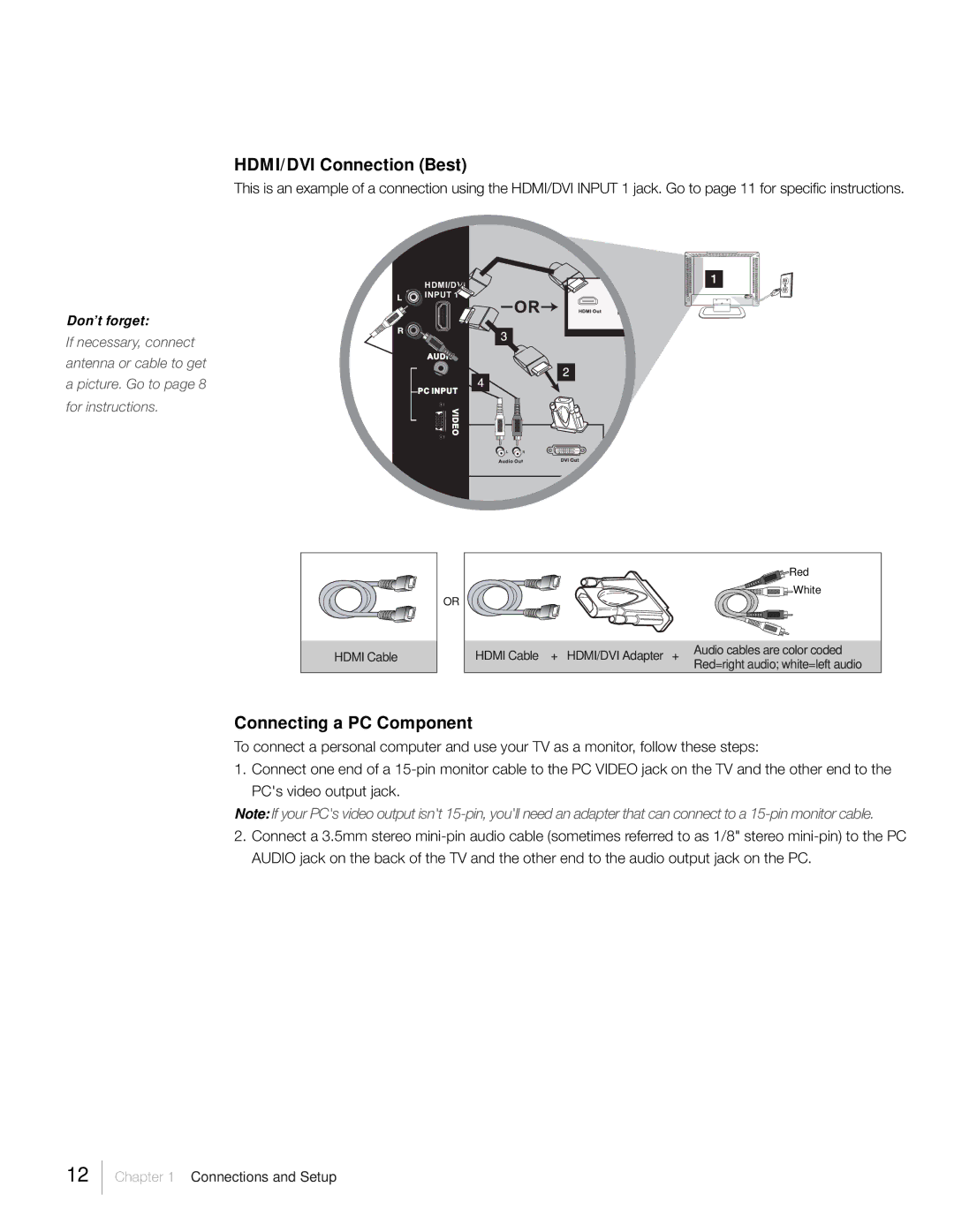 RCA L26HD31R, L26HD41, L22HD41V warranty HDMI/DVI Connection Best, Connecting a PC Component 