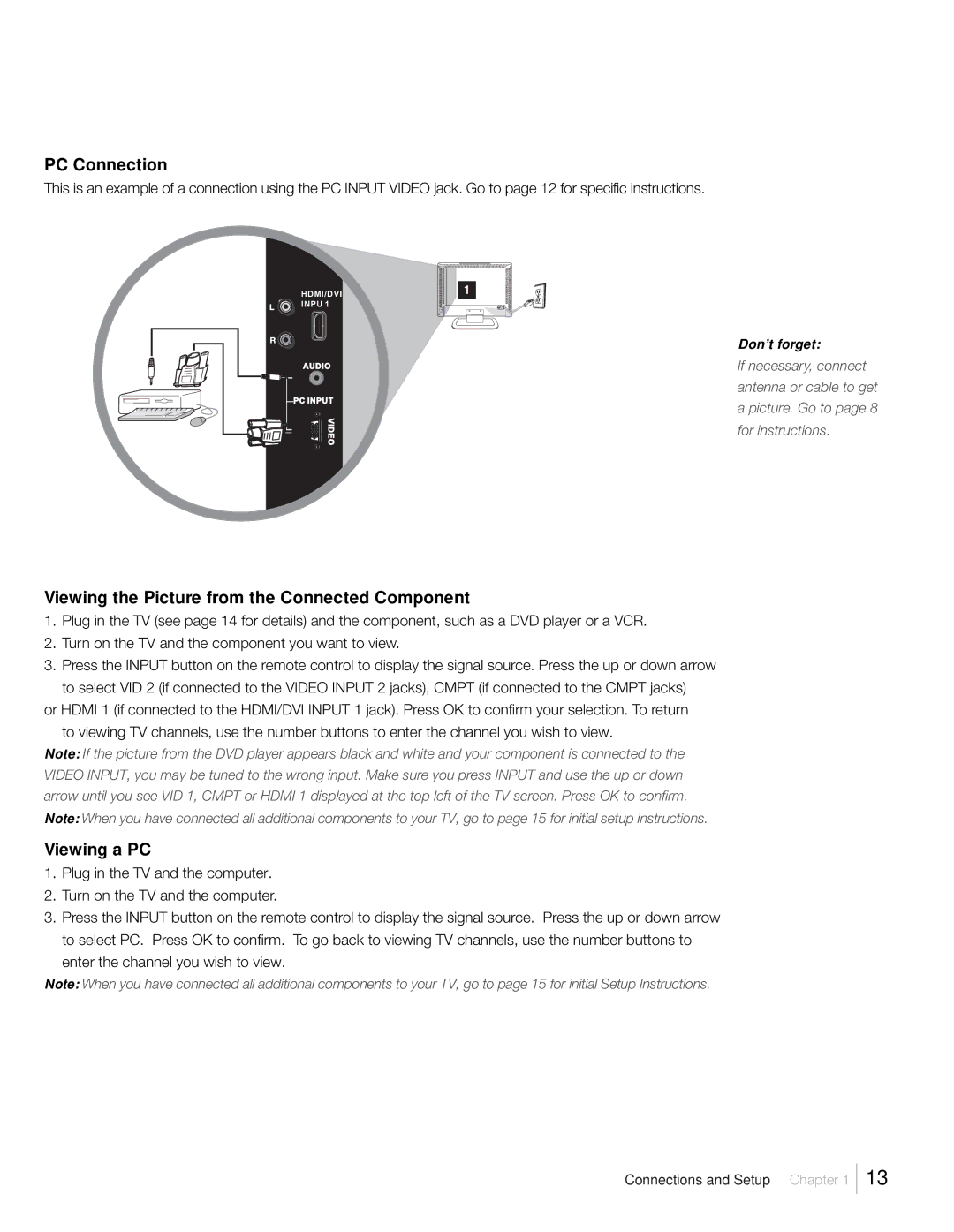 RCA L26HD41, L26HD31R, L22HD41V warranty PC Connection, Viewing the Picture from the Connected Component, Viewing a PC 