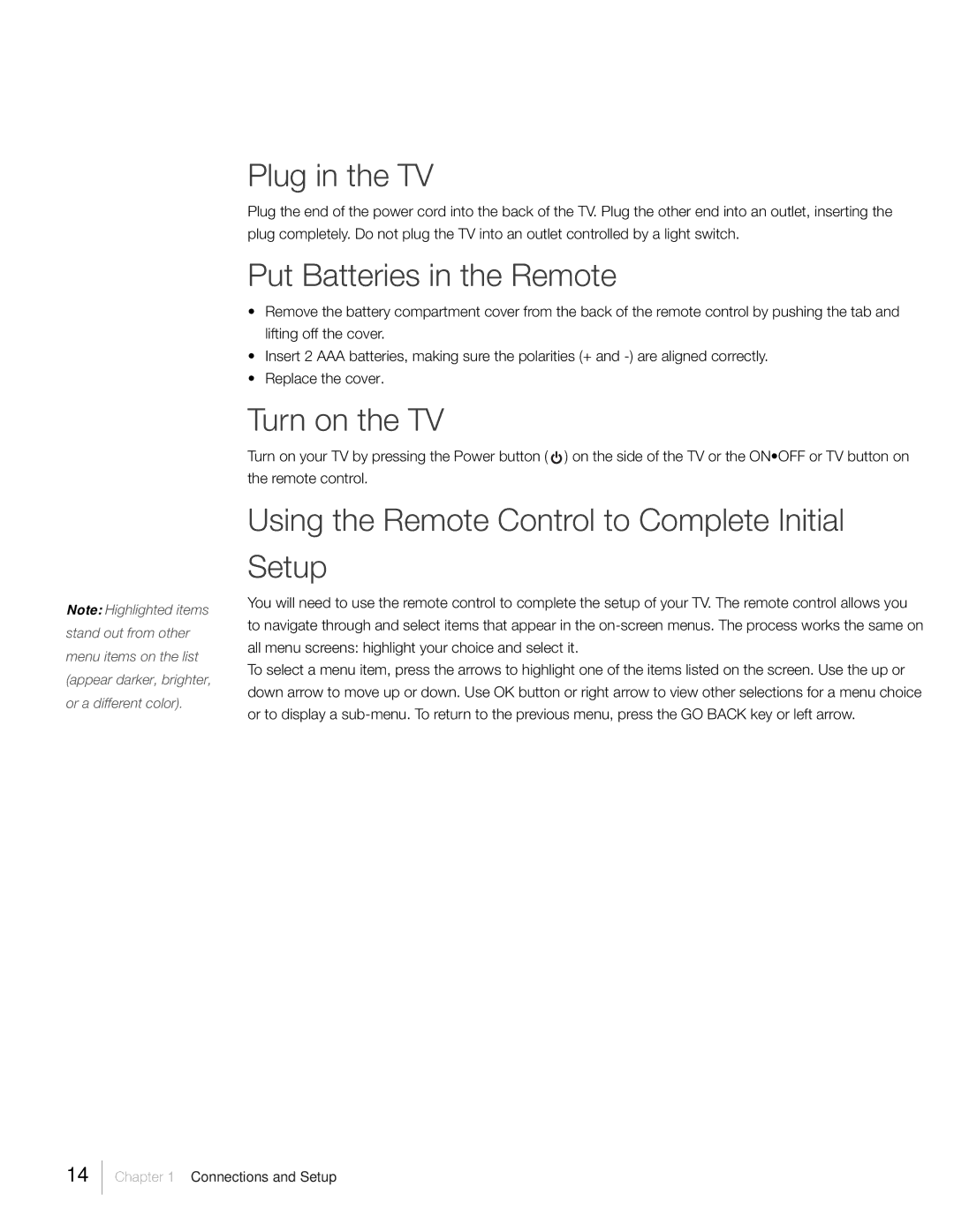 RCA L26HD31R, L26HD41, L22HD41V warranty Plug in the TV, Put Batteries in the Remote, Turn on the TV 