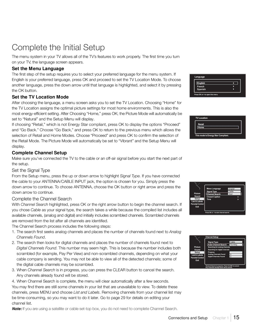 RCA L22HD41V, L26HD31R Complete the Initial Setup, Set the Menu Language, Set the TV Location Mode, Complete Channel Setup 