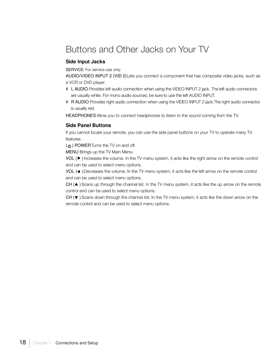 RCA L26HD31R, L26HD41, L22HD41V warranty Buttons and Other Jacks on Your TV, Side Input Jacks, Side Panel Buttons 