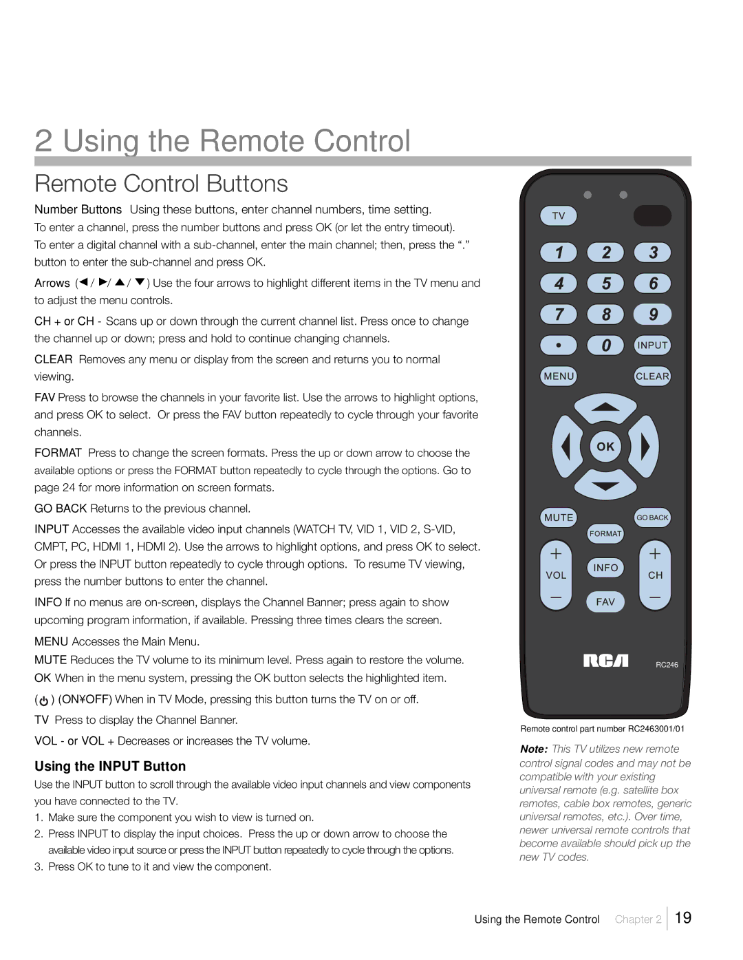 RCA L22HD41V, L26HD31R, L26HD41 warranty Remote Control Buttons, Using the Input Button, Menu Accesses the Main Menu 