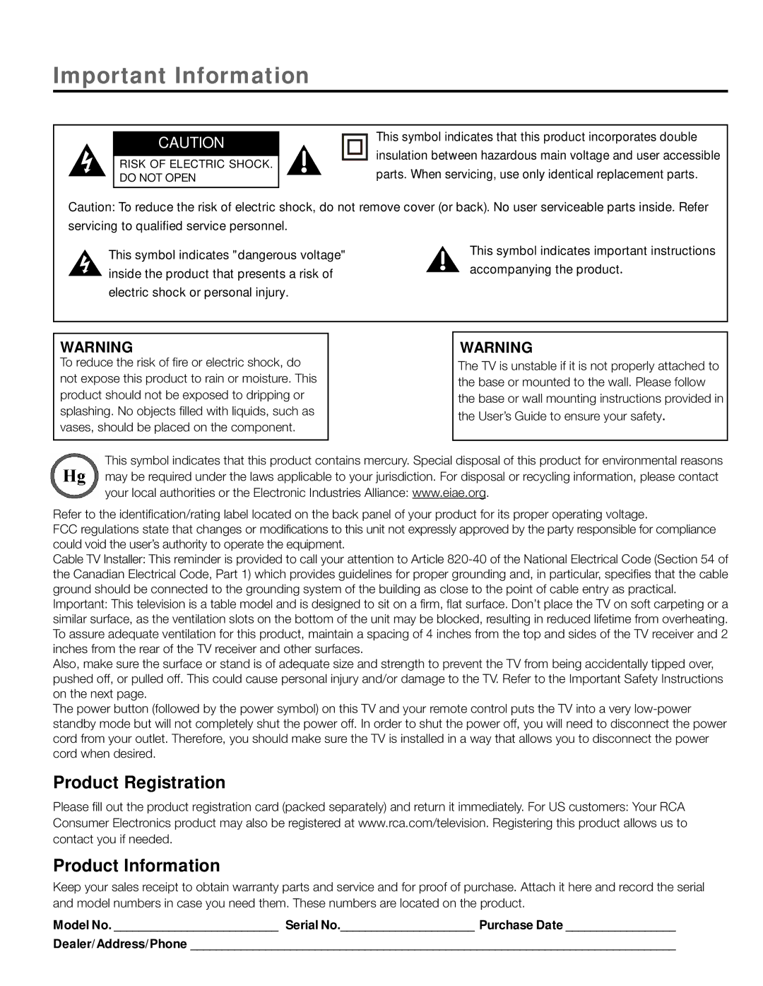 RCA L26HD31R, L26HD41, L22HD41V warranty Important Information 