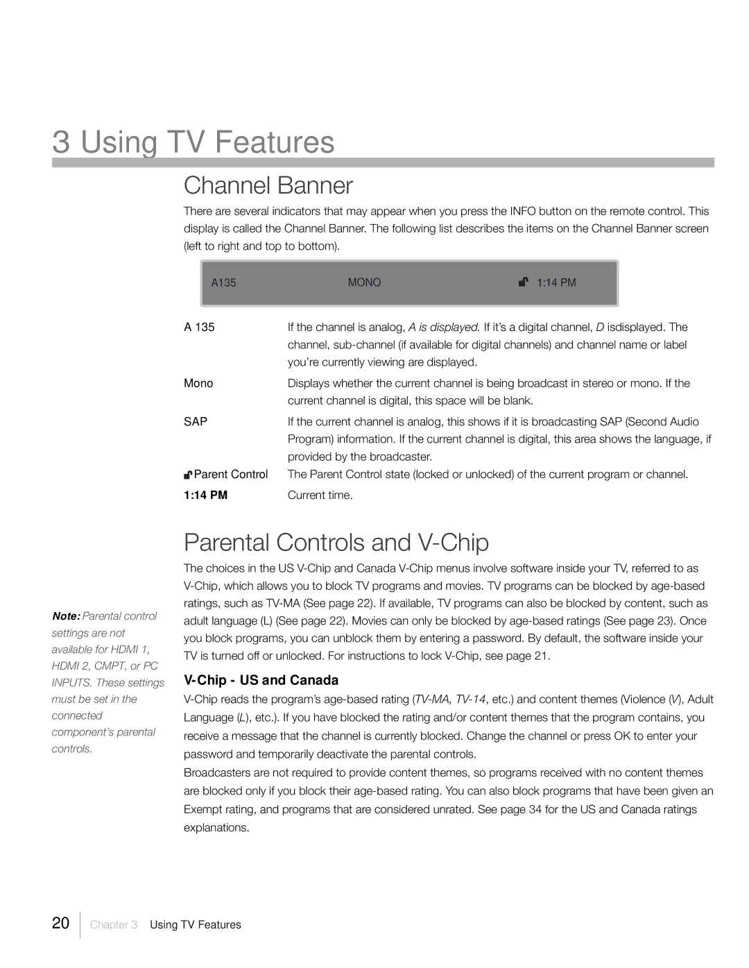 RCA L26HD31R, L26HD41, L22HD41V warranty Channel Banner, Parental Controls and V-Chip, Chip US and Canada 