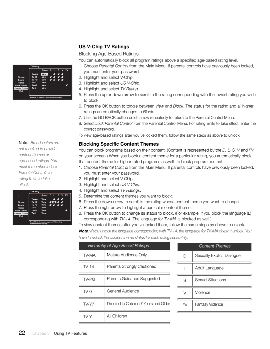 RCA L26HD31R, L26HD41, L22HD41V US V-Chip TV Ratings, Blocking Age-Based Ratings, Blocking Specific Content Themes 