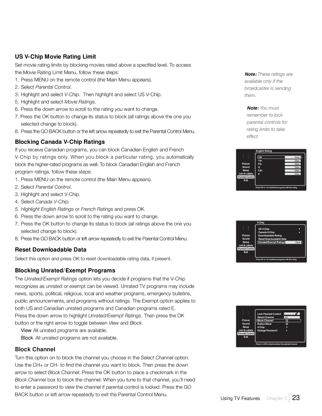 RCA L22HD41V, L26HD31R, L26HD41 US V-Chip Movie Rating Limit, Blocking Canada V-Chip Ratings, Reset Downloadable Data 