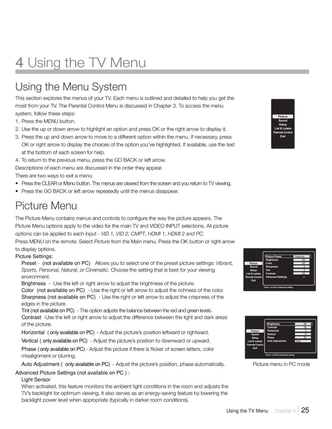 RCA L26HD41, L26HD31R, L22HD41V warranty Using the Menu System, Picture Menu, Picture menu in PC mode 