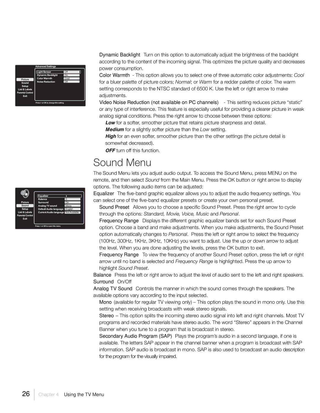 RCA L26HD31R, L26HD41, L22HD41V warranty Sound Menu, English 