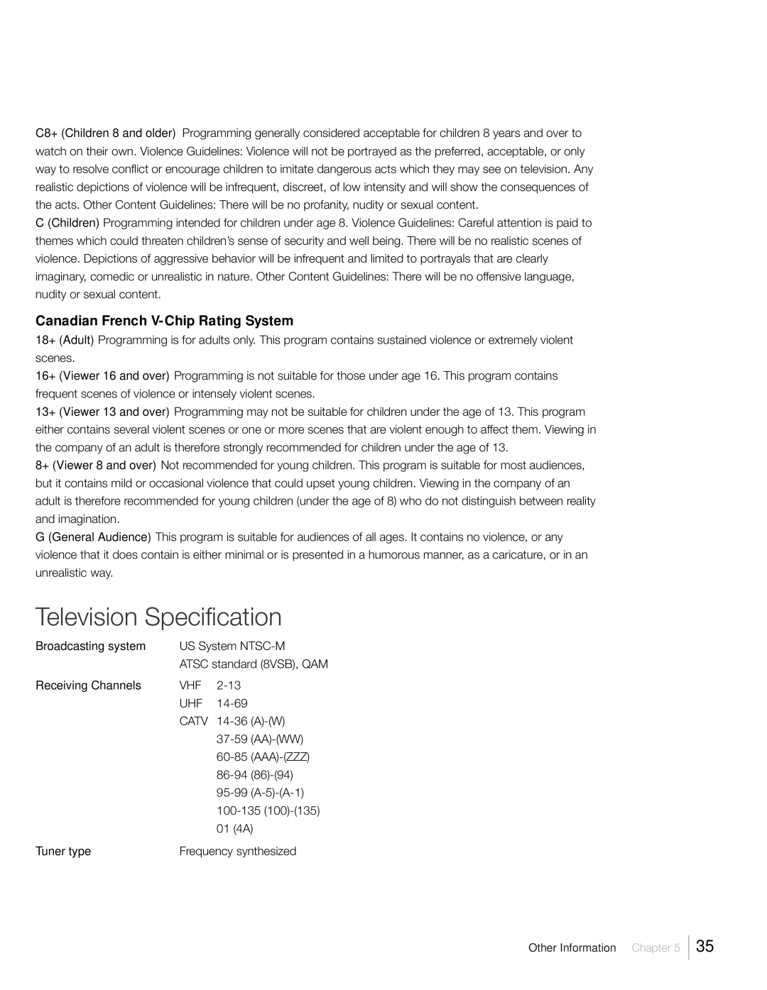 RCA L22HD41V, L26HD31R, L26HD41 warranty Television Specification, Canadian French V-Chip Rating System 