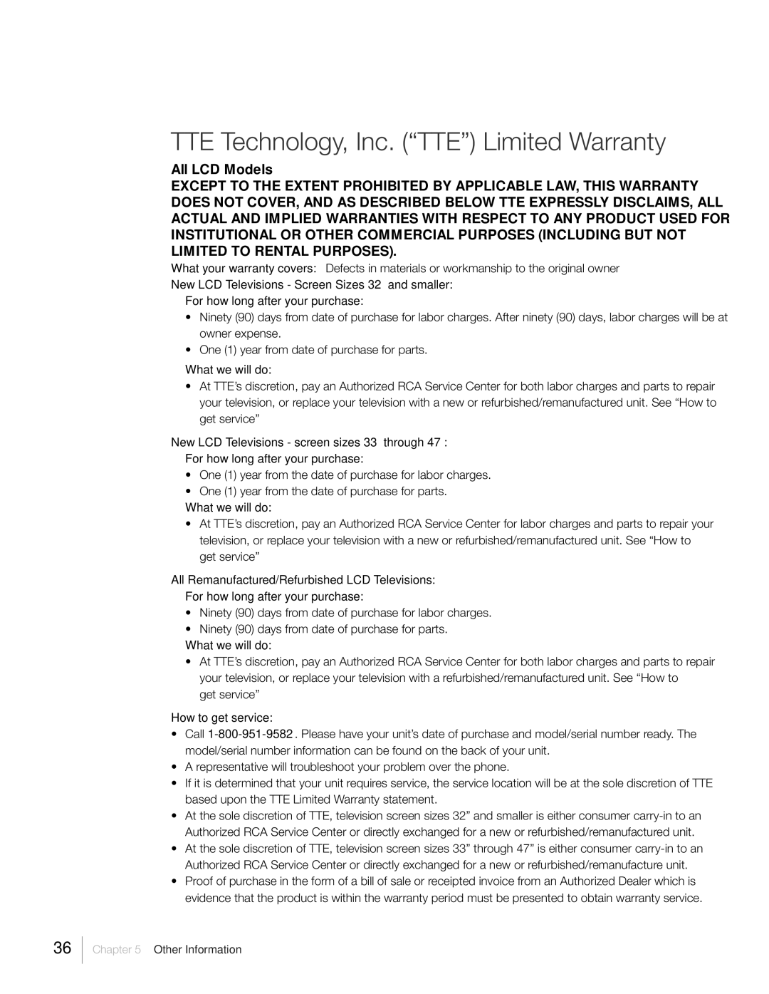 RCA L26HD31R, L26HD41, L22HD41V warranty TTE Technology, Inc. Òtteó Limited Warranty, All LCD Models 