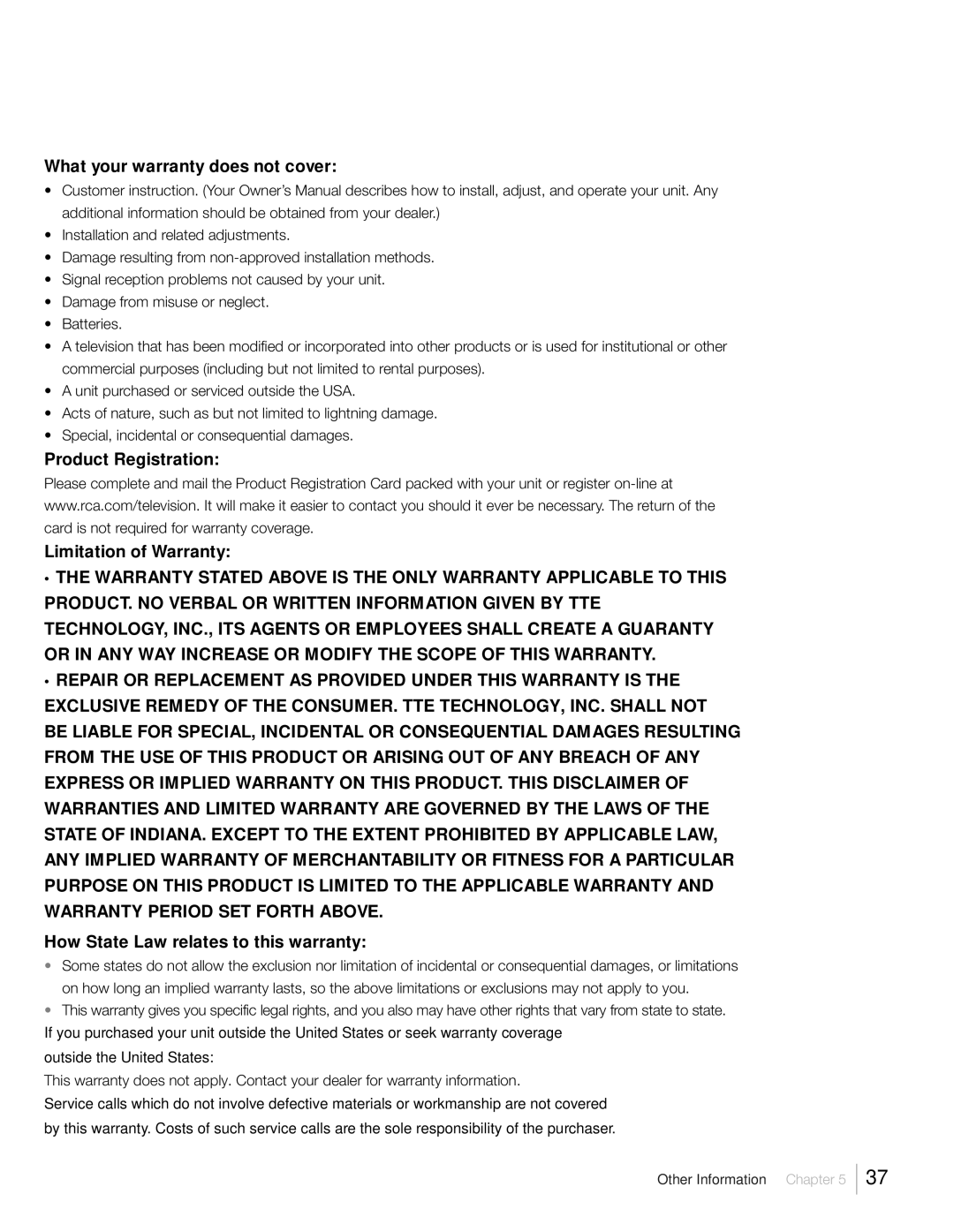 RCA L26HD41, L26HD31R, L22HD41V What your warranty does not cover, Product Registration Limitation of Warranty 