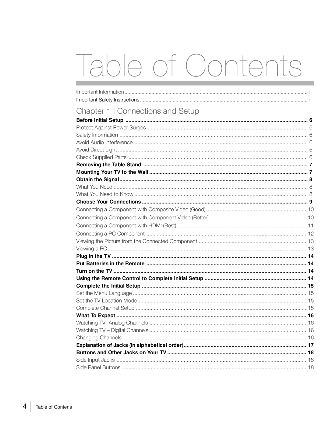 RCA L26HD31R, L26HD41, L22HD41V warranty Table of Contents 