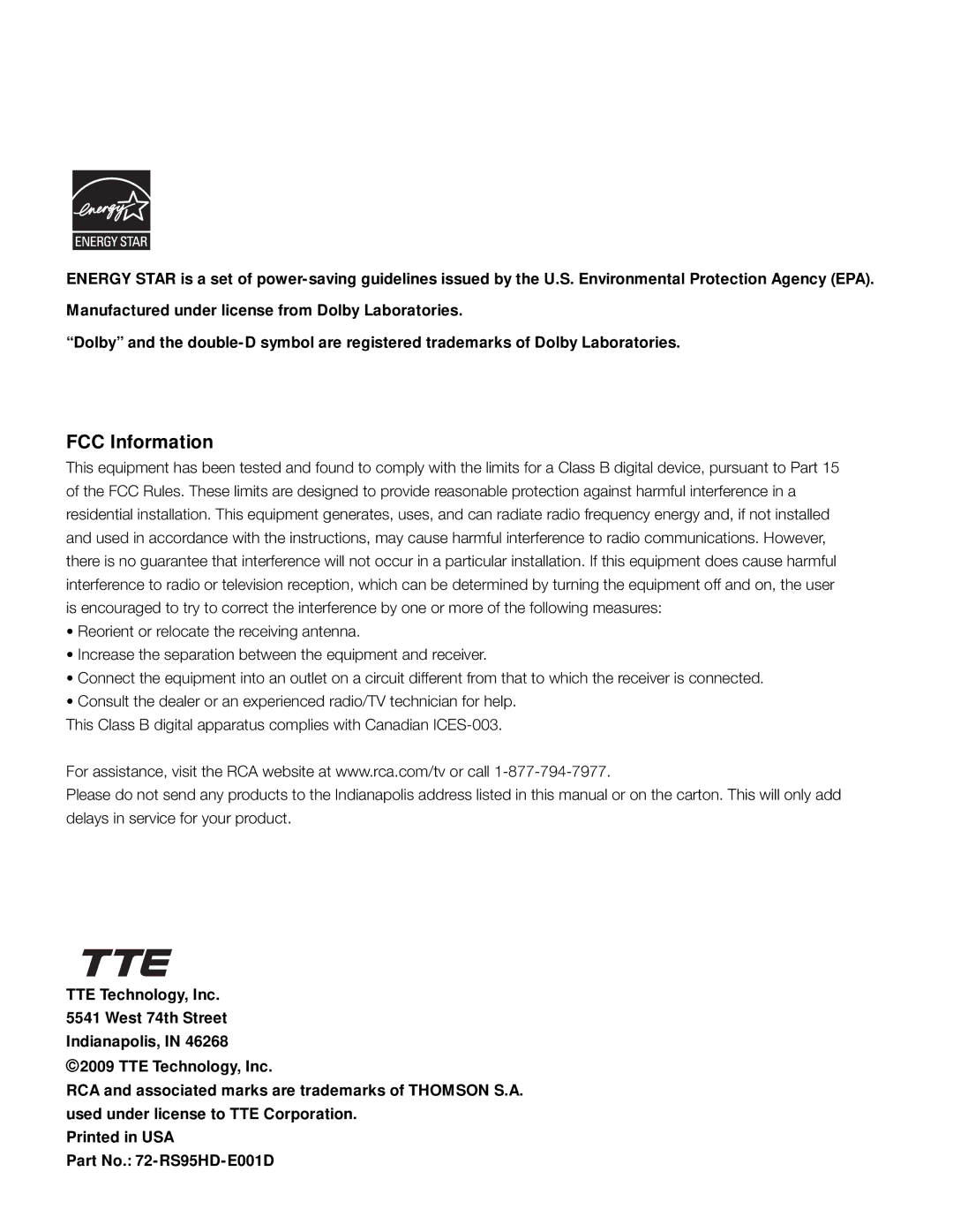 RCA L26HD31R, L26HD41, L22HD41V warranty FCC Information 