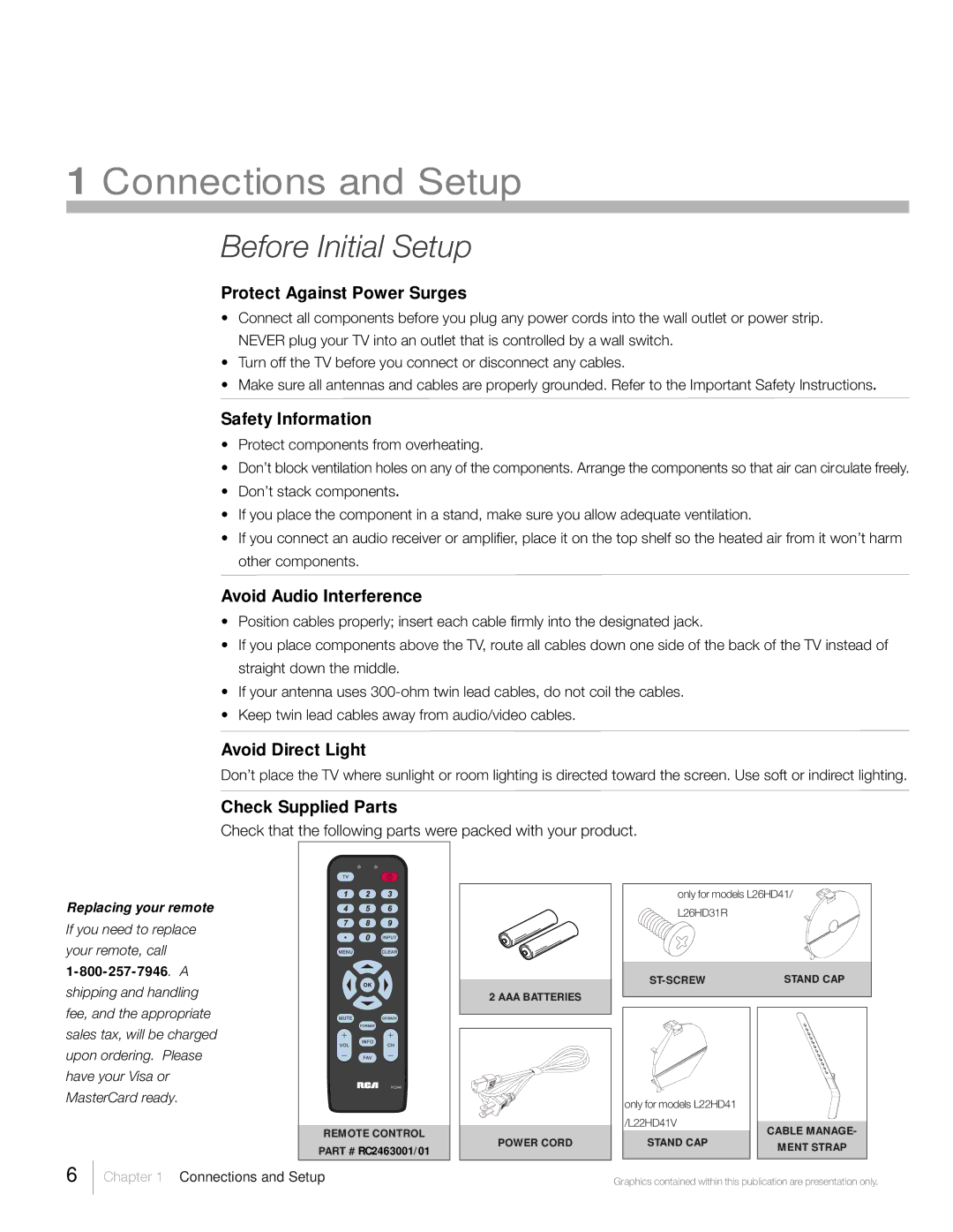 RCA L22HD41, L26HD31R Protect Against Power Surges, Safety Information, Avoid Audio Interference, Avoid Direct Light 