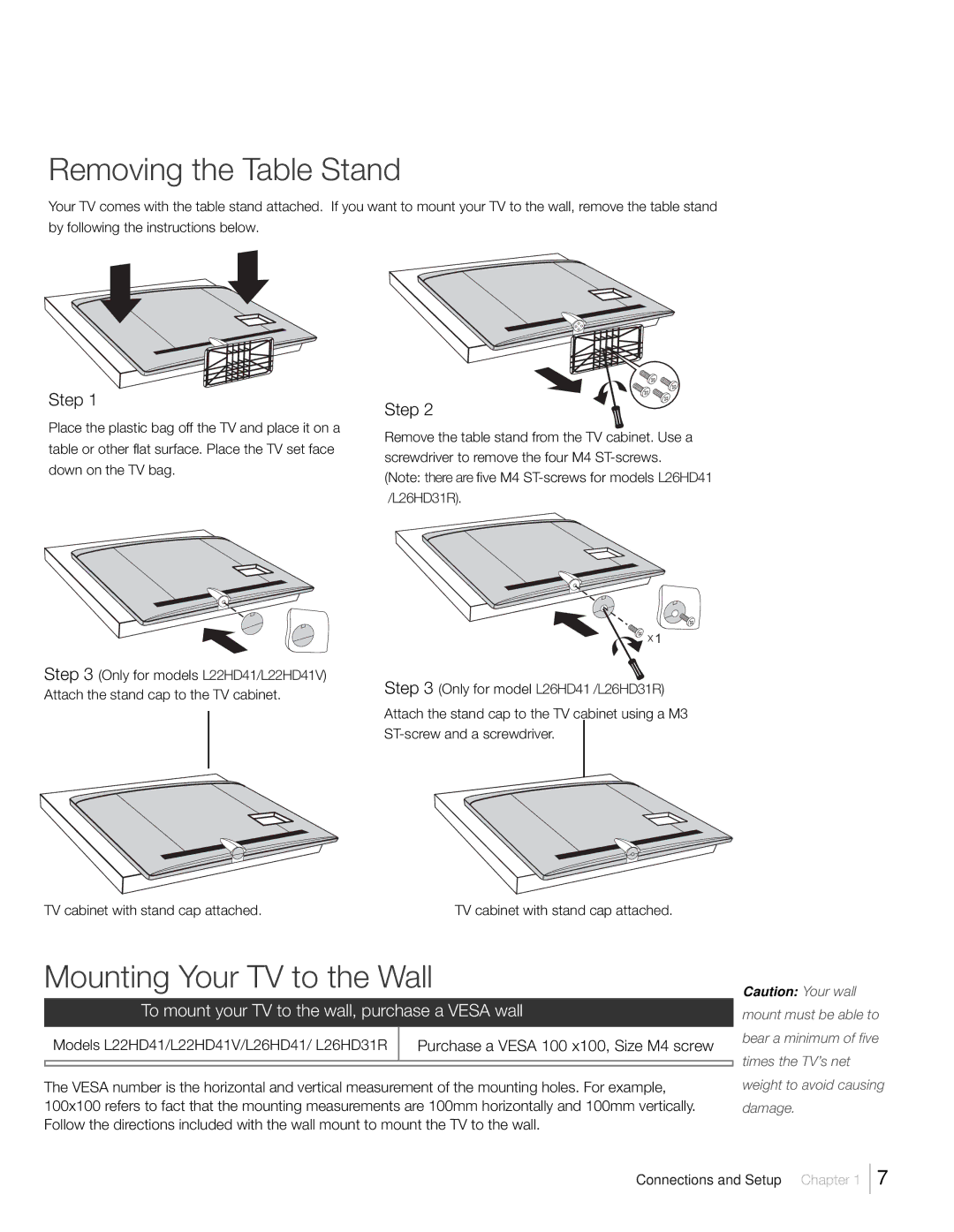 RCA L22HD41V, L26HD31R, L26HD41 warranty Removing the Table Stand, Mounting Your TV to the Wall, Step 