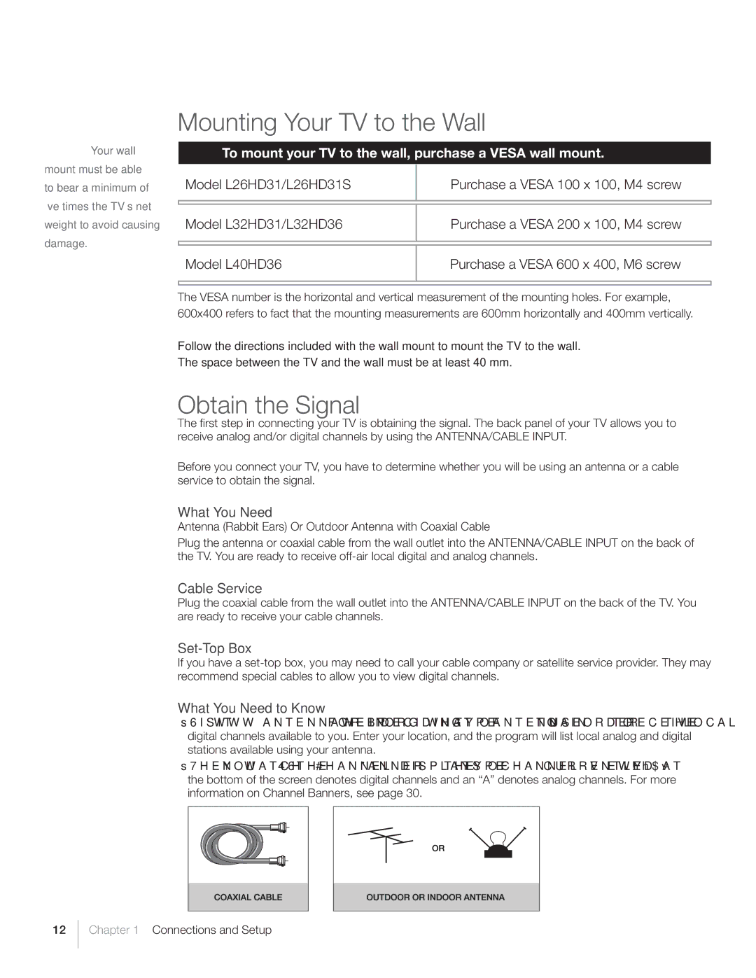 RCA L26HD31S warranty Mounting Your TV to the Wall, Obtain the Signal 