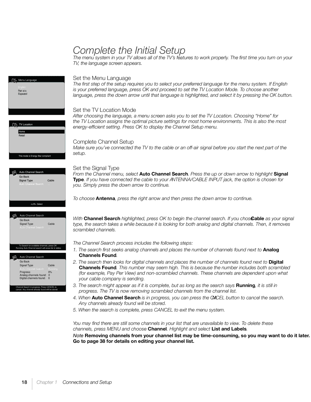 RCA L26HD31S warranty Complete the Initial Setup, Set the Menu Language, Set the TV Location Mode, Complete Channel Setup 