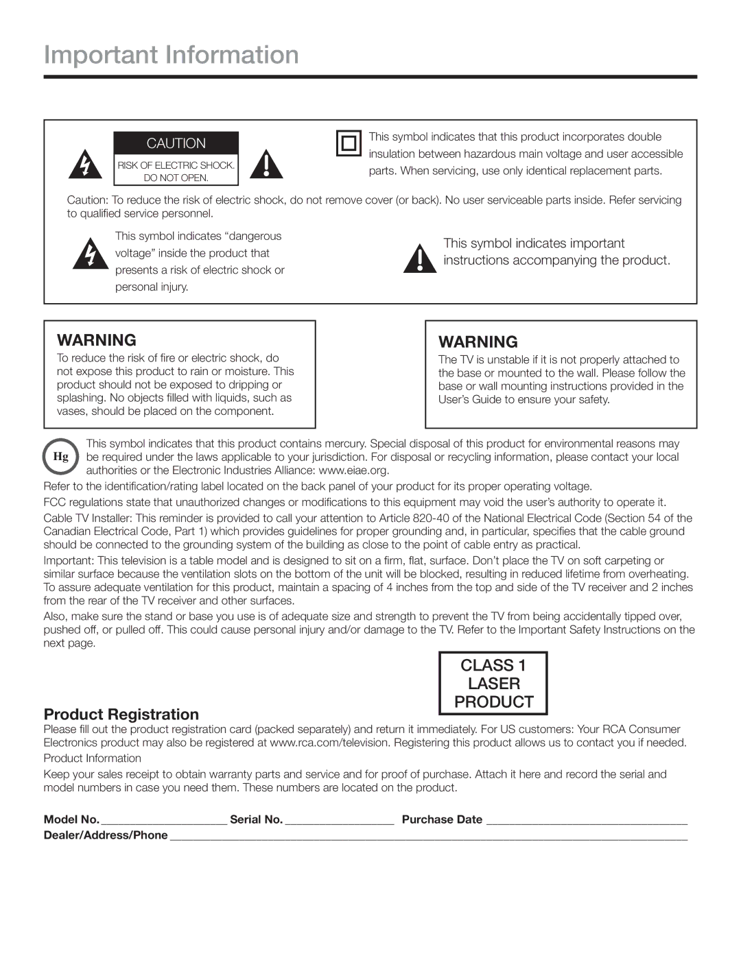 RCA L26HD31S warranty Important Information 