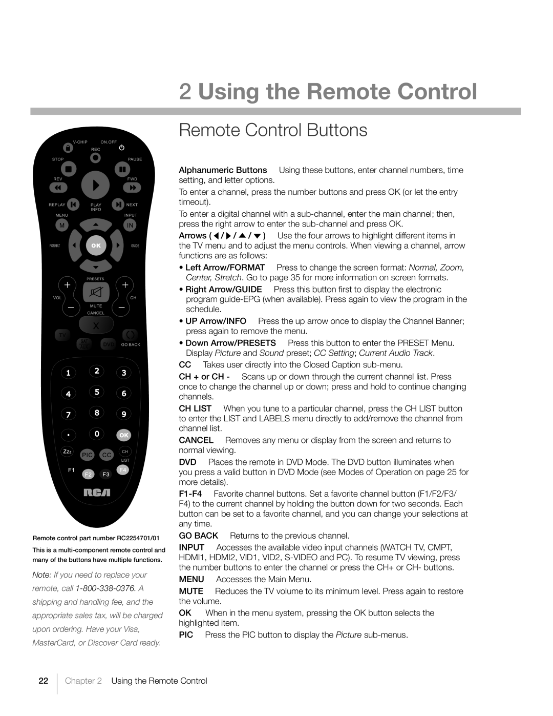 RCA L26HD31S warranty Remote Control Buttons, TV Functions 