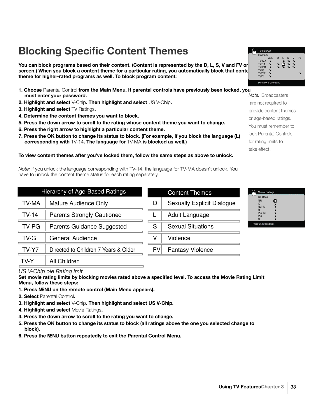 RCA L26HD31S warranty Blocking Specific Content Themes, US V-Chip Movie Rating Limit 