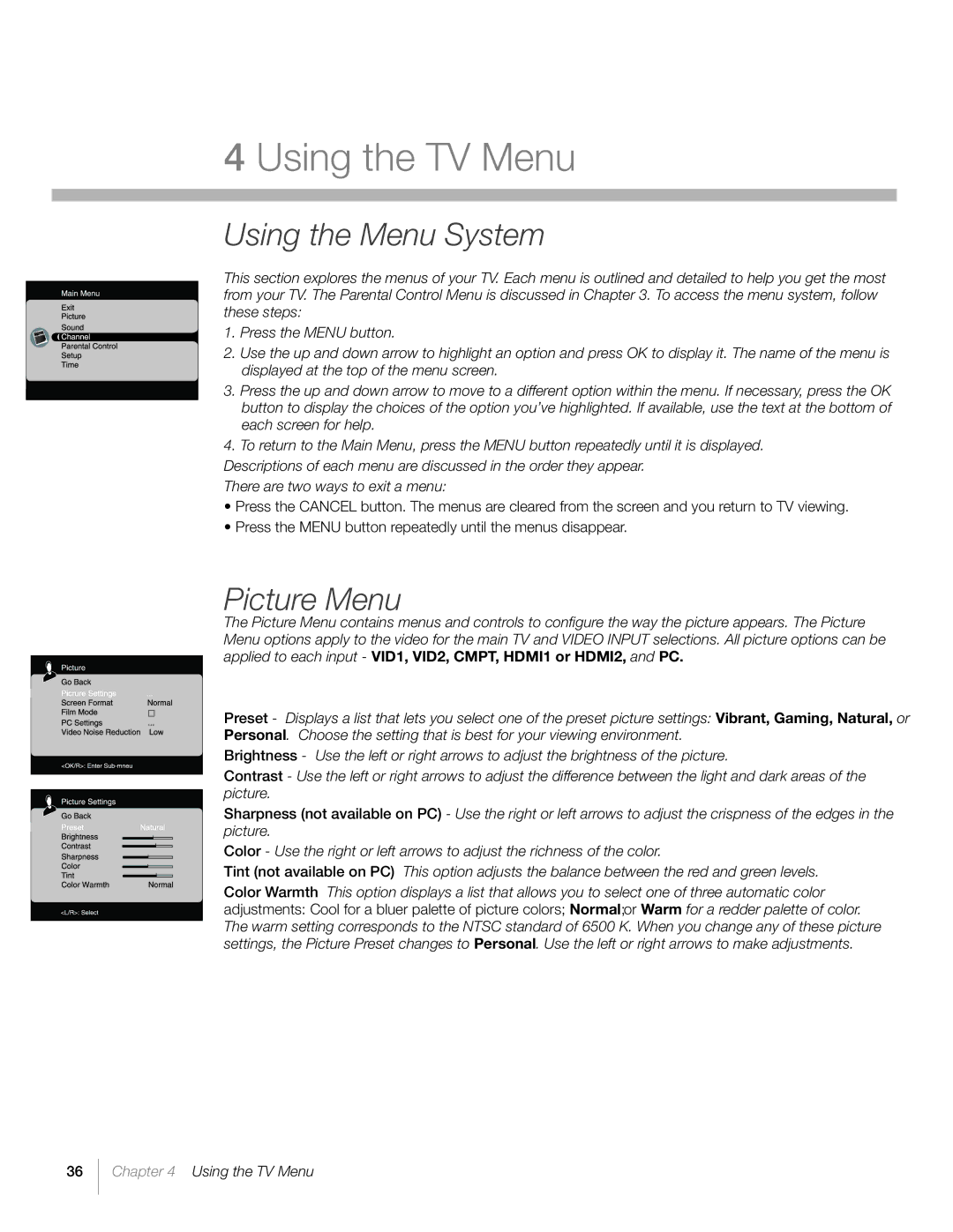 RCA L26HD31S warranty Using the Menu System, Picture Menu, Picture Settings 