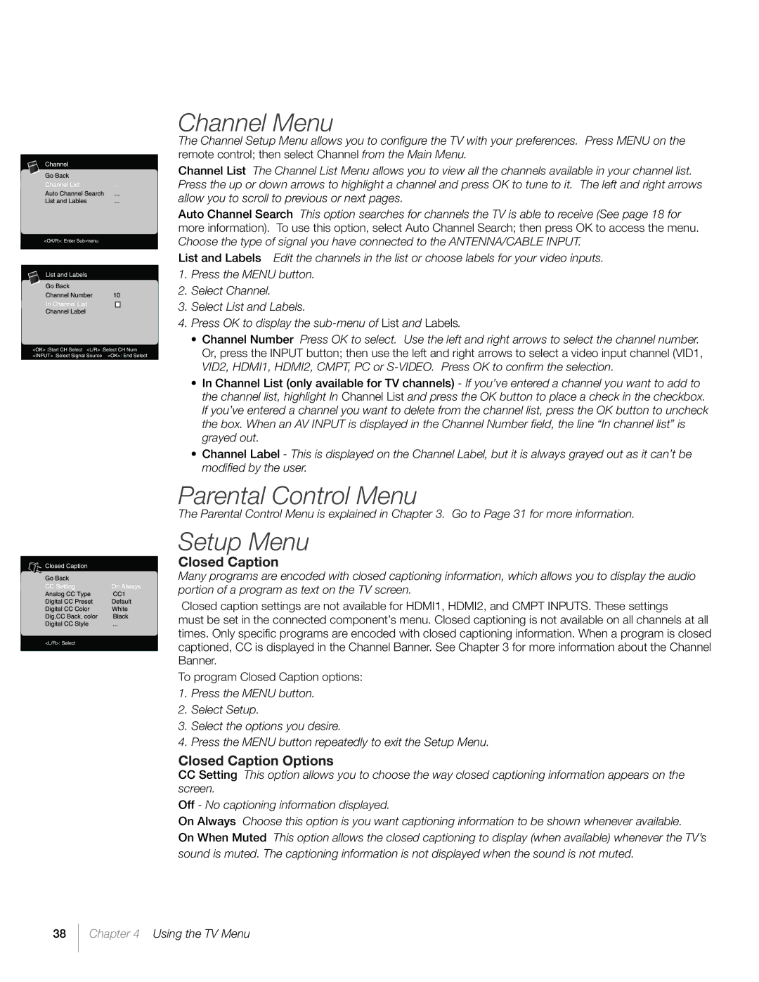 RCA L26HD31S warranty Channel Menu, Parental Control Menu, Setup Menu, Closed Caption Options 