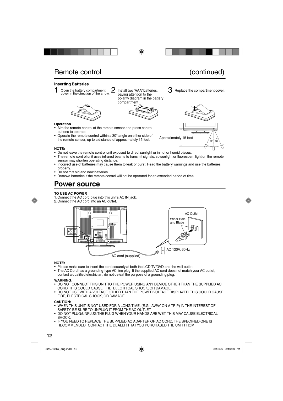 RCA L26HD35D, L32HD35D owner manual Power source, Inserting Batteries, Operation, To USE AC Power 