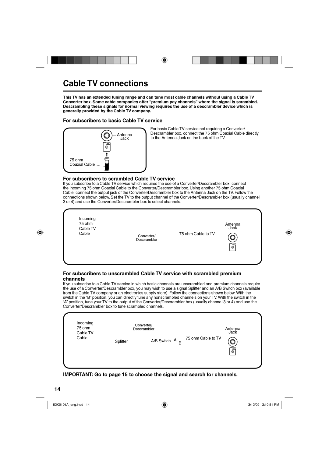 RCA L26HD35D, L32HD35D owner manual Cable TV connections, Antenna Jack, ohm Cable TV Jack, Ohm Cable to TV 