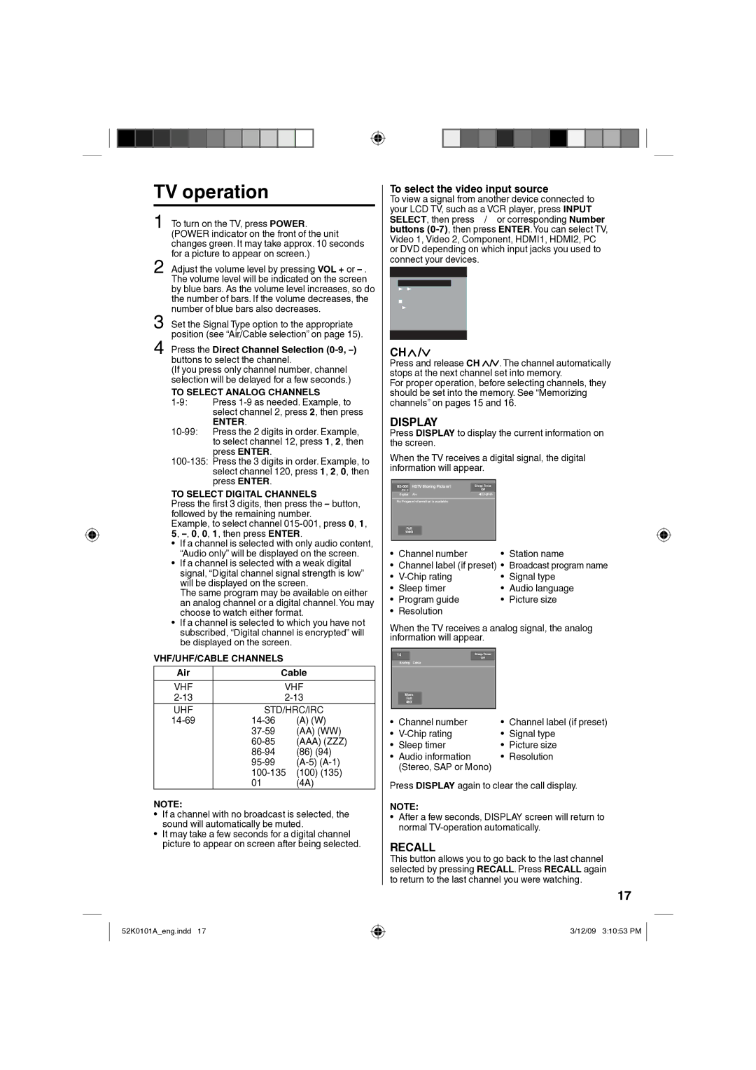 RCA L32HD35D TV operation, To select the video input source, To Select Analog Channels, To Select Digital Channels 