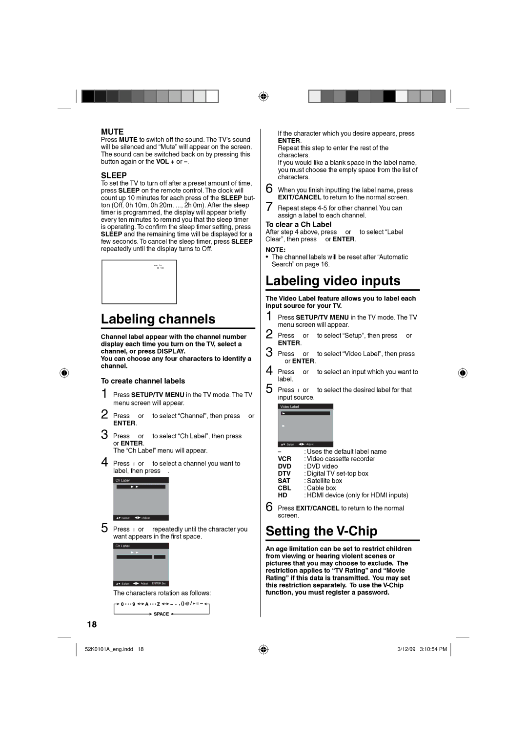 RCA L26HD35D Labeling channels, Labeling video inputs, Setting the V-Chip, To create channel labels, To clear a Ch Label 