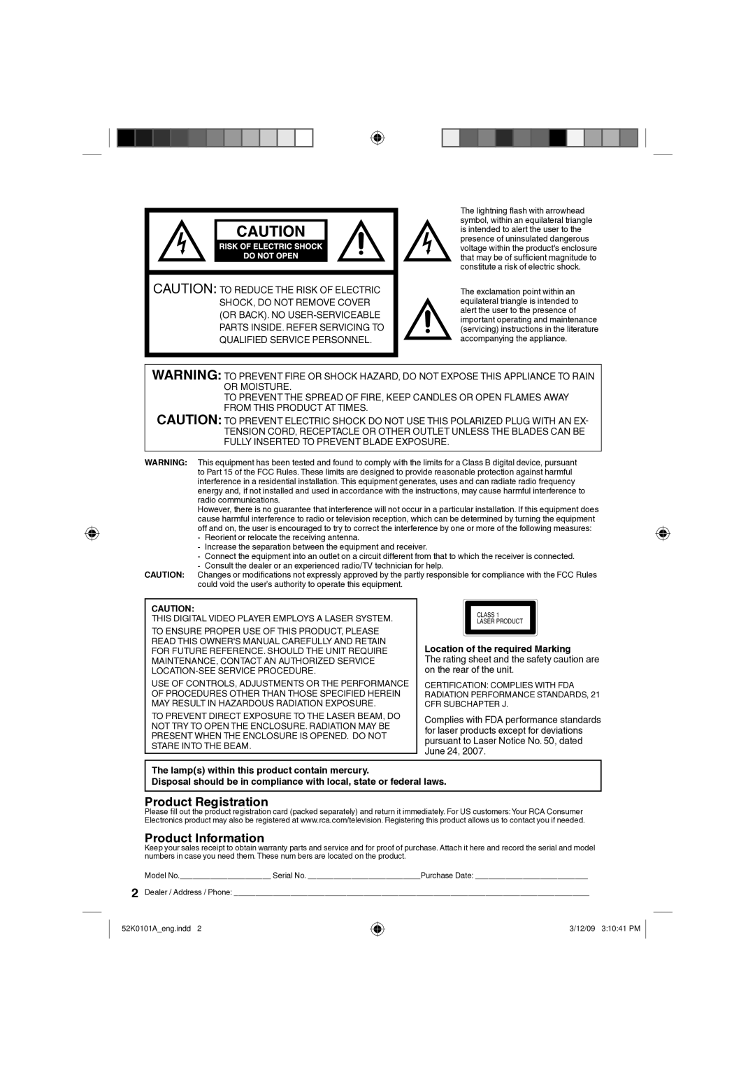 RCA L26HD35D, L32HD35D owner manual Product Registration Product Information, Location of the required Marking 