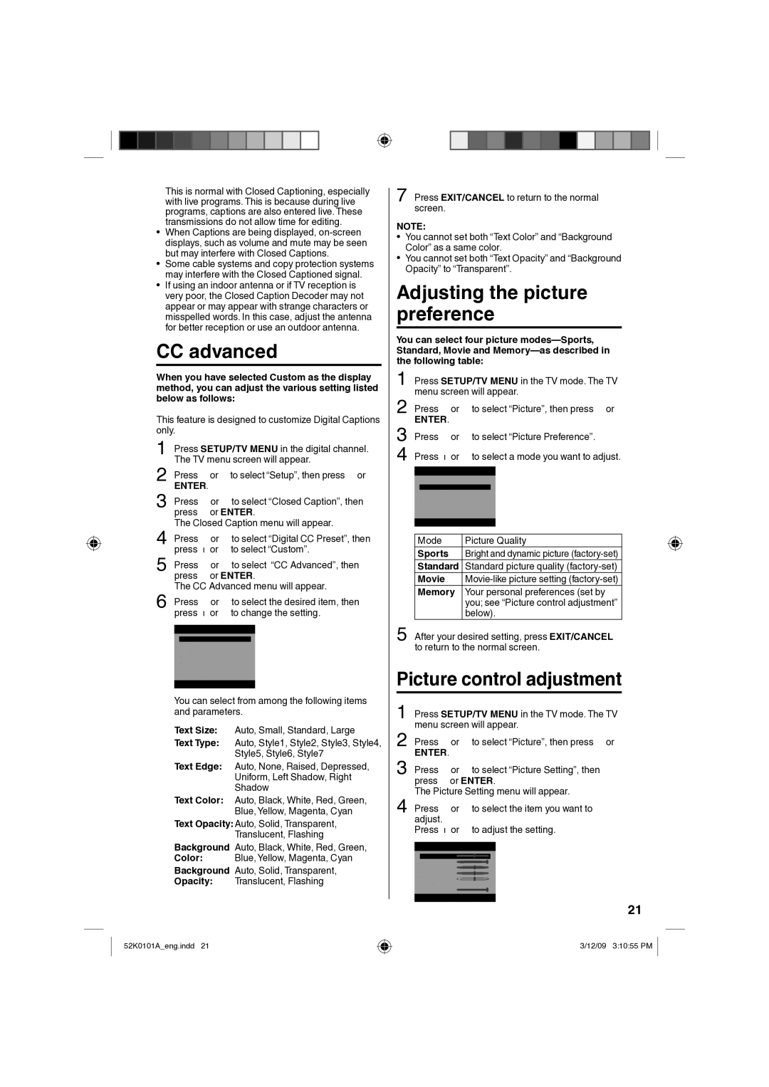 RCA L32HD35D, L26HD35D owner manual CC advanced, Picture control adjustment 