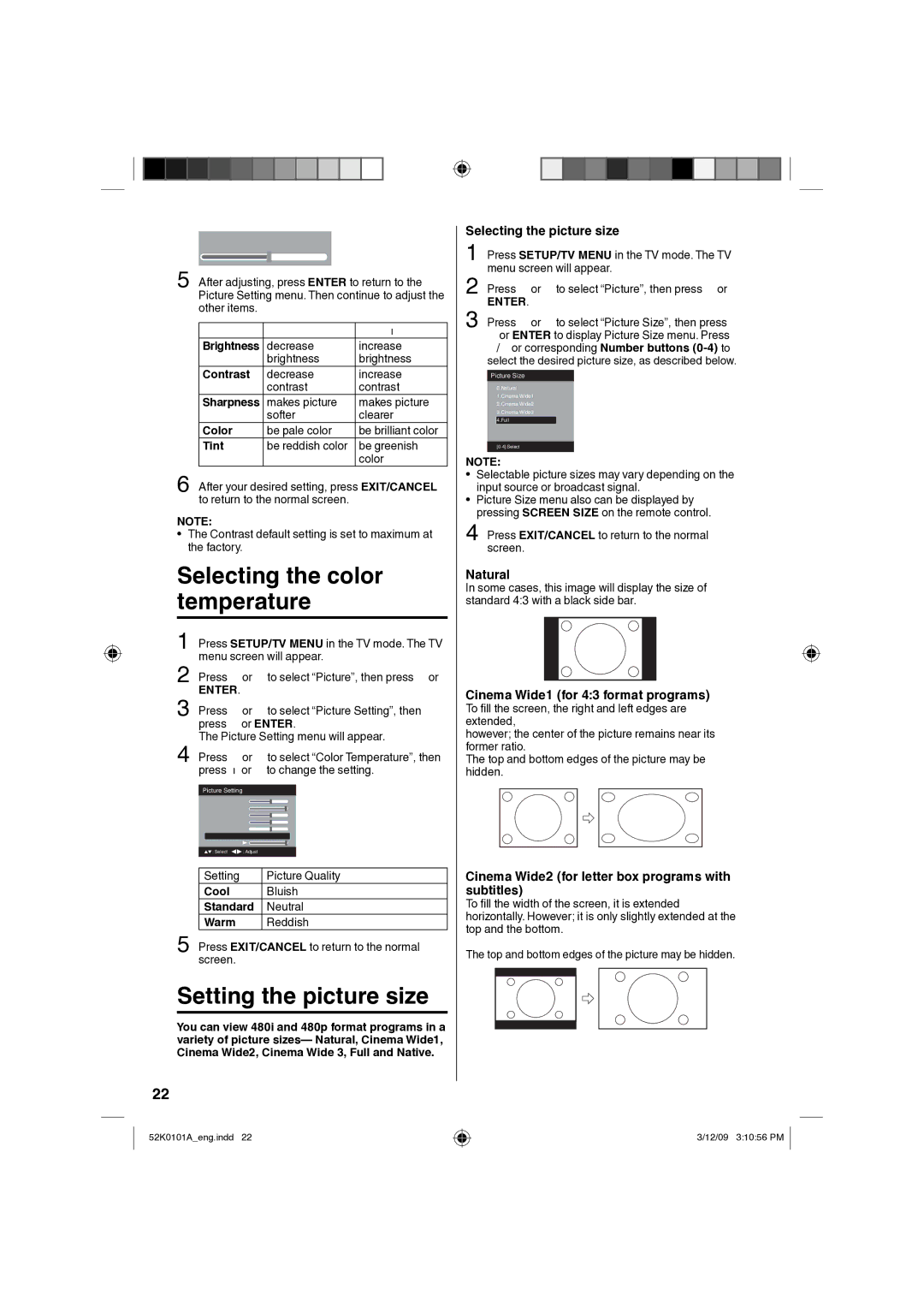 RCA L26HD35D, L32HD35D Selecting the color temperature, Setting the picture size, Selecting the picture size, Natural 