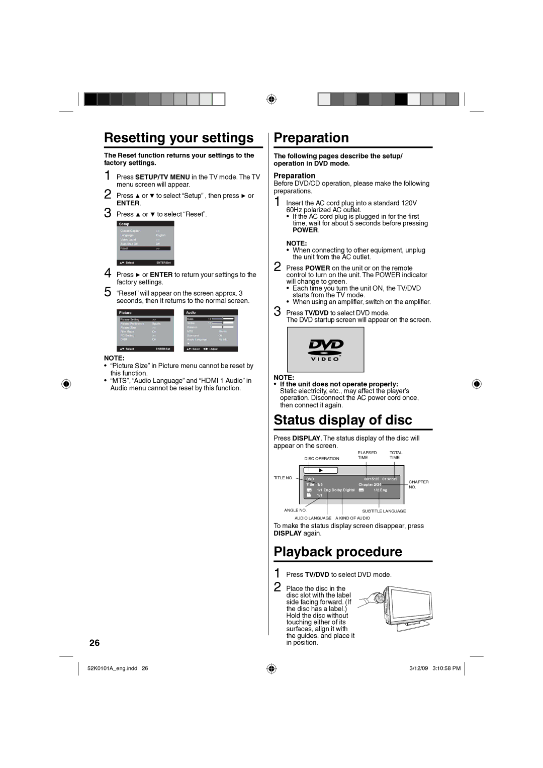 RCA L26HD35D, L32HD35D owner manual Preparation, Status display of disc, Playback procedure, Power 