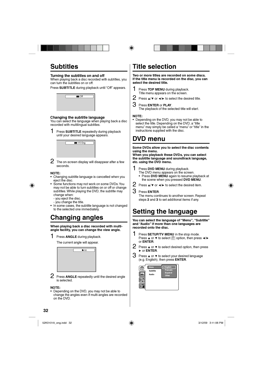RCA L26HD35D, L32HD35D owner manual Title selection, DVD menu, Setting the language 