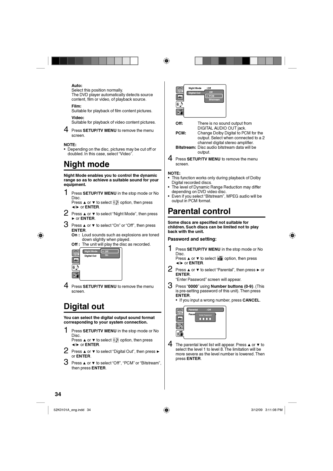 RCA L26HD35D, L32HD35D owner manual Night mode, Digital out, Parental control, Password and setting 