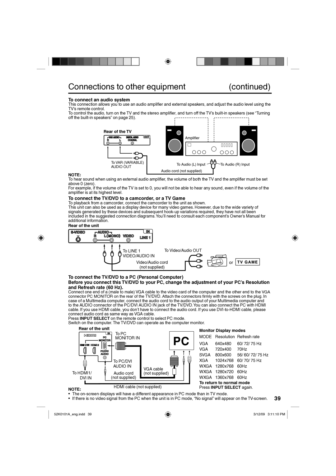 RCA L32HD35D, L26HD35D owner manual To connect an audio system, To connect the TV/DVD to a camcorder, or a TV Game 