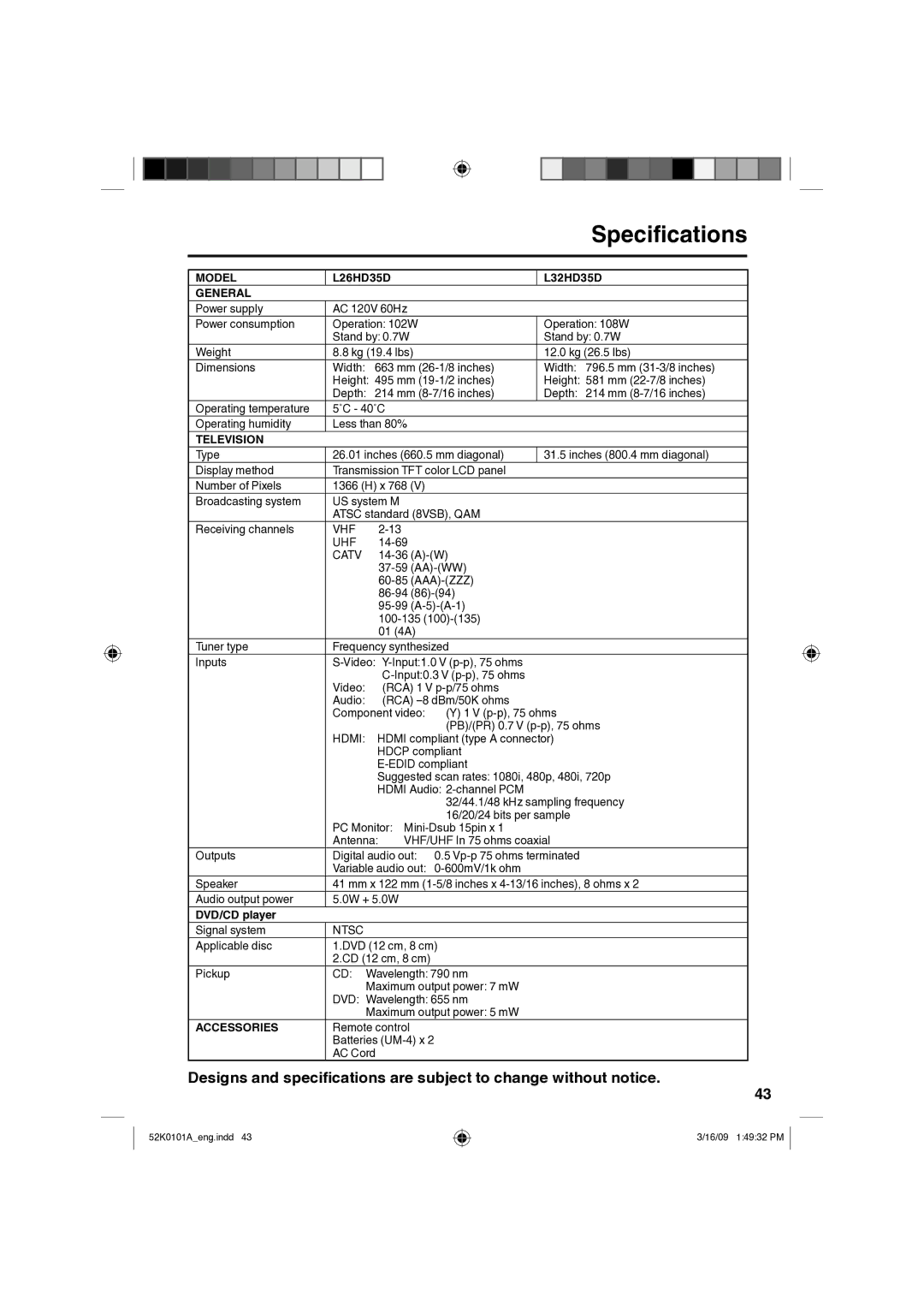 RCA L32HD35D, L26HD35D owner manual Specifications, Model, General, Television, Accessories 