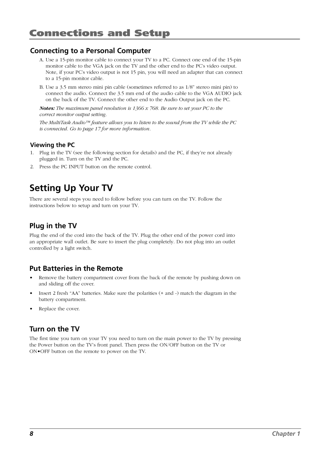 RCA L26W11 manual Setting Up Your TV, Connecting to a Personal Computer, Plug in the TV, Put Batteries in the Remote 