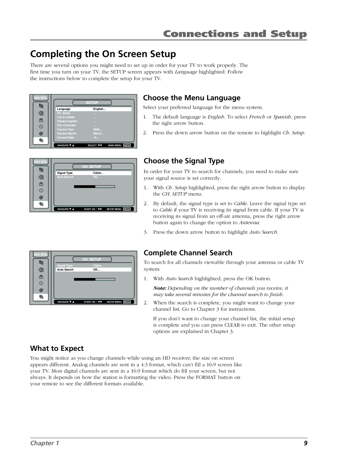 RCA L26W11 manual Completing the On Screen Setup, Choose the Menu Language, Choose the Signal Type, Complete Channel Search 