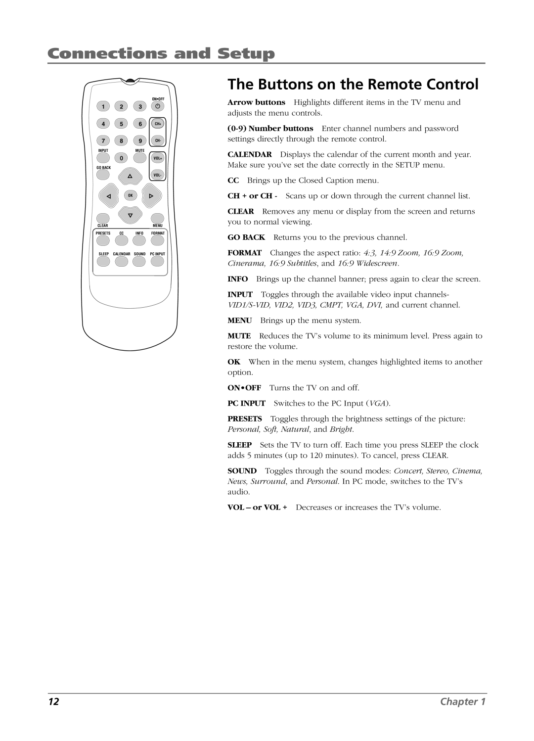 RCA L26W11 manual Buttons on the Remote Control 