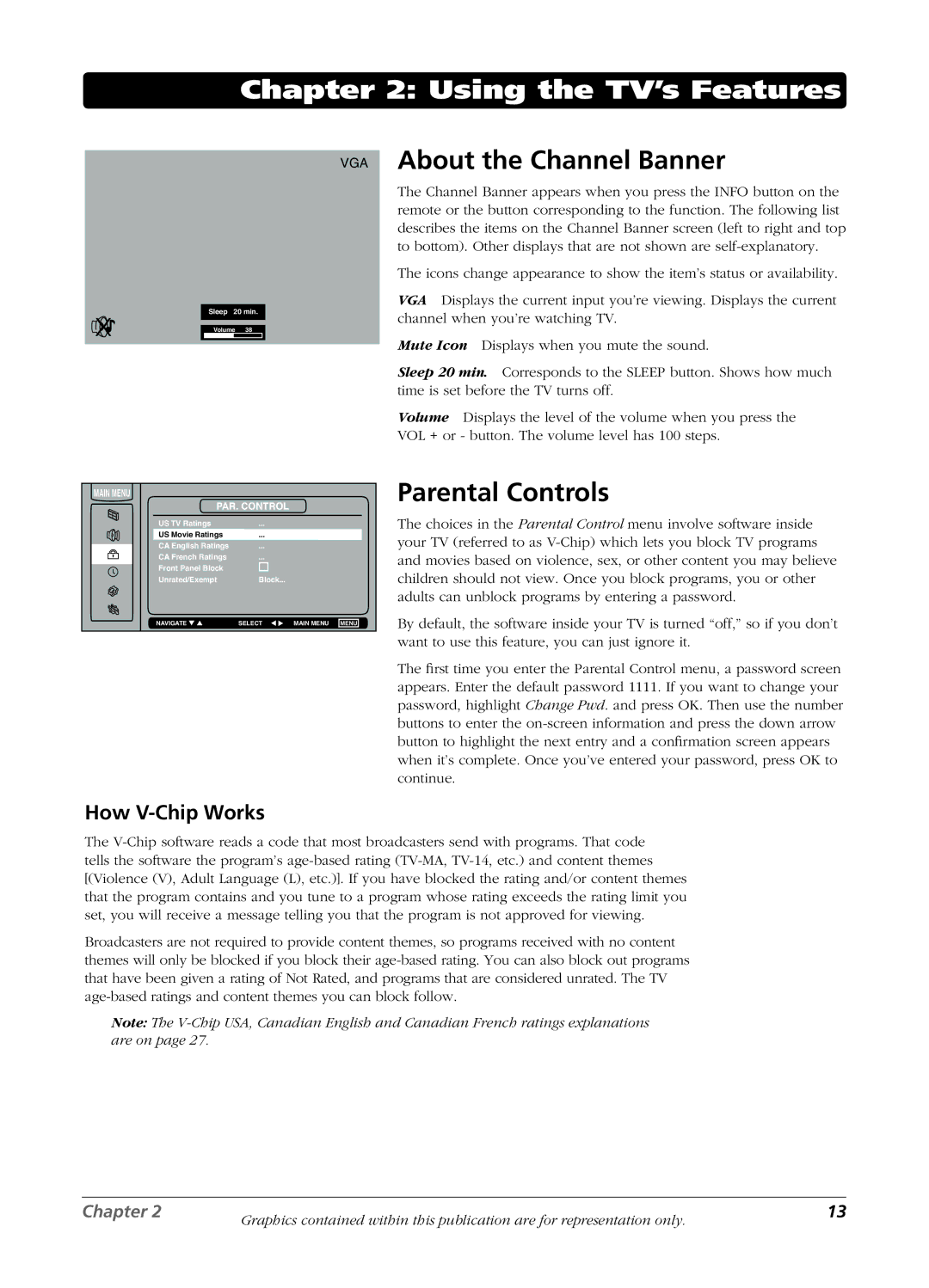 RCA L26W11 manual VGA About the Channel Banner, Parental Controls, How V-Chip Works, Main Menu PAR. Control 