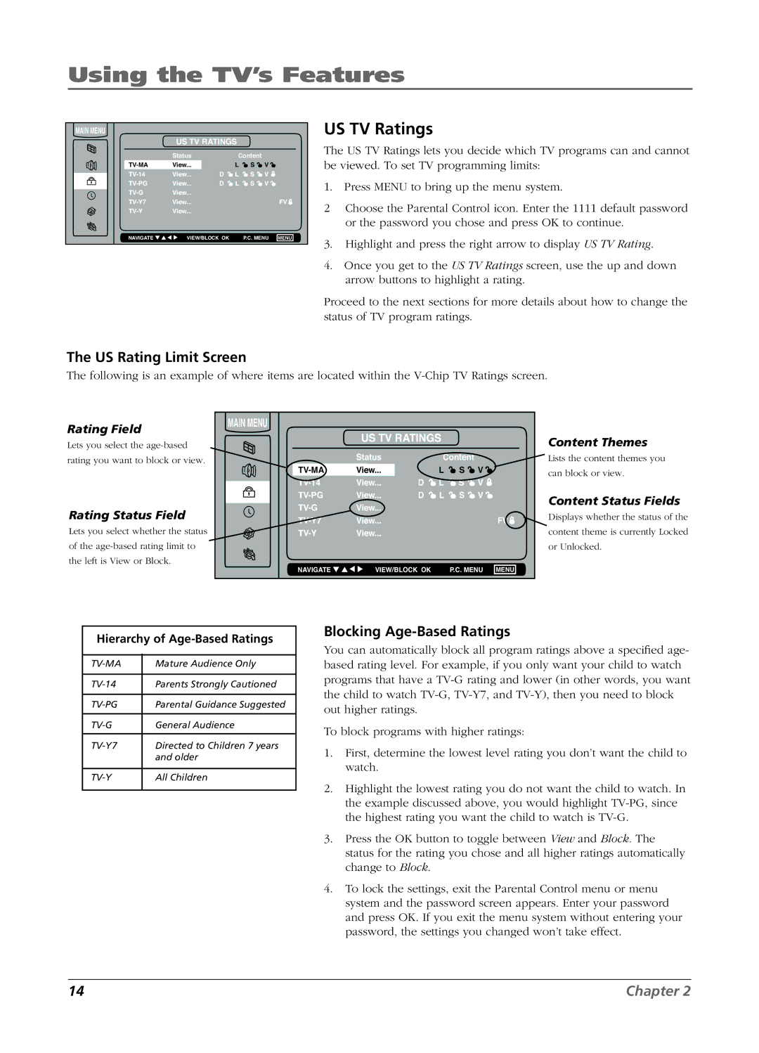 RCA L26W11 manual Using the TV’s Features, US TV Ratings, US Rating Limit Screen, Blocking Age-Based Ratings 