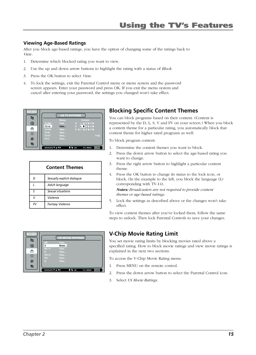 RCA L26W11 Blocking Speciﬁc Content Themes, Chip Movie Rating Limit, Viewing Age-Based Ratings, Main Menu US Movie Ratings 