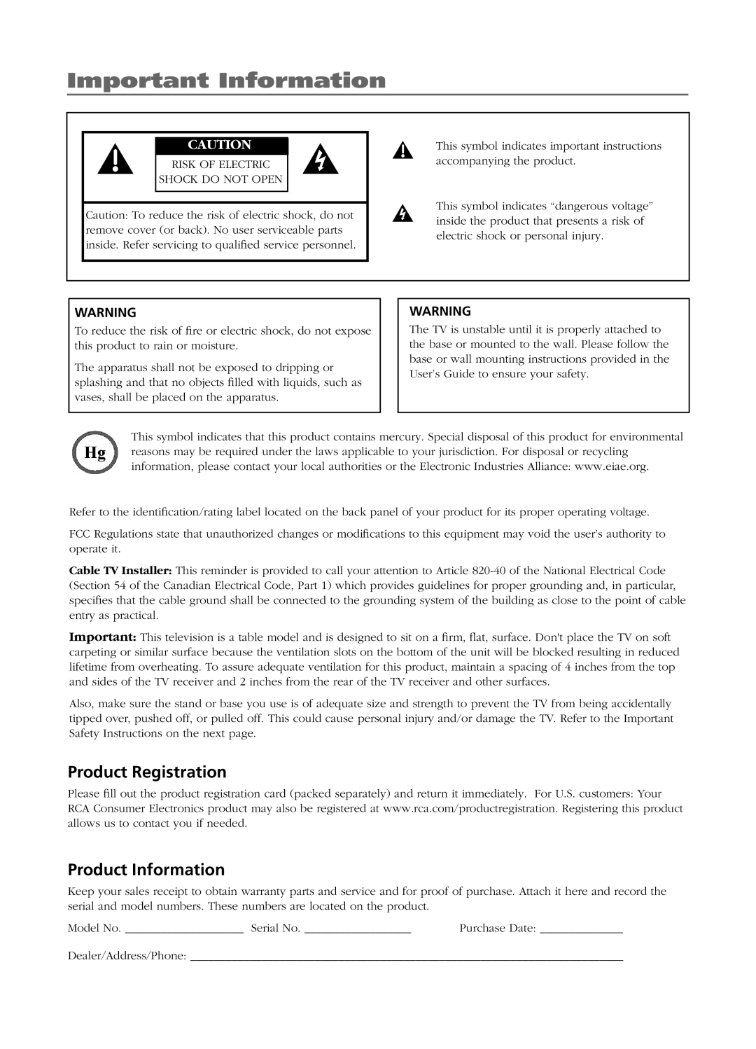 RCA L26W11 manual Important Information, Product Registration Product Information 