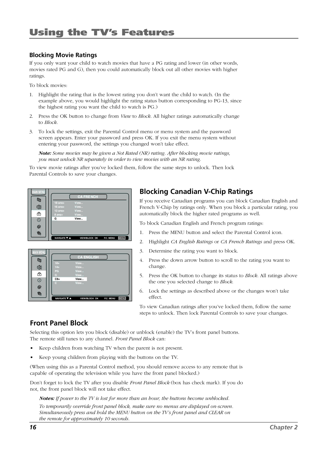 RCA L26W11 manual Blocking Canadian V-Chip Ratings, Front Panel Block, Blocking Movie Ratings, Main Menu CA French 