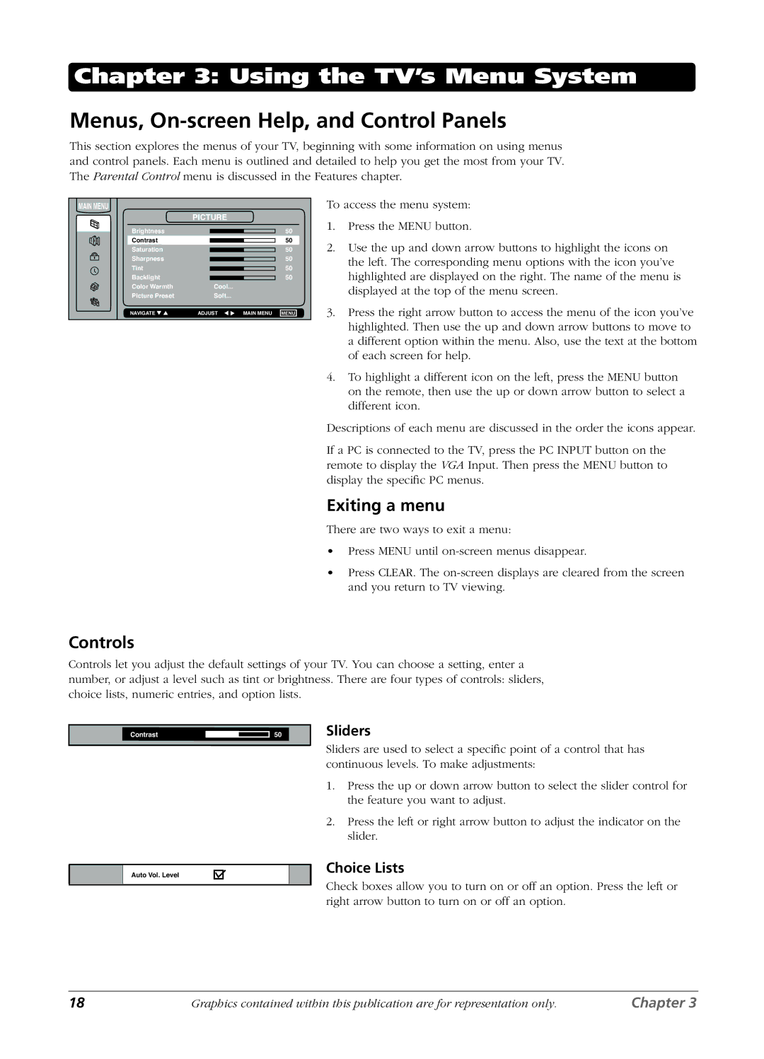 RCA L26W11 manual Menus, On-screen Help, and Control Panels, Exiting a menu, Controls, Sliders, Choice Lists 